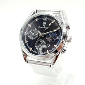 Podegar Men's Silver Tone Dress Watch 40mm Black Faux Subdials w New Battery